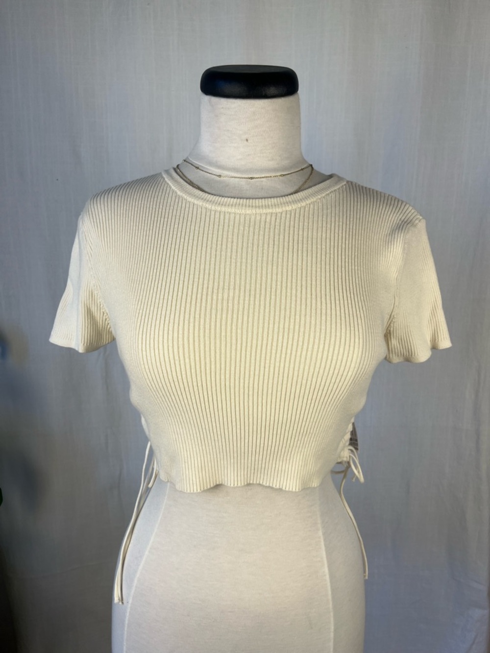 Zara Cream Ribbed Side-Tie Short Sleeve Crop Top